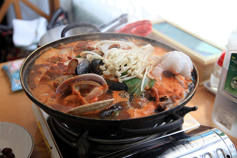 Busan-style Korean seafood soup with coastal food context